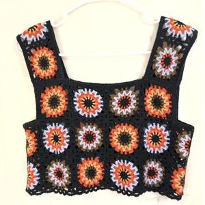 Asos crocheted Granny Square knit cropped top Size Small Black Festival Boho